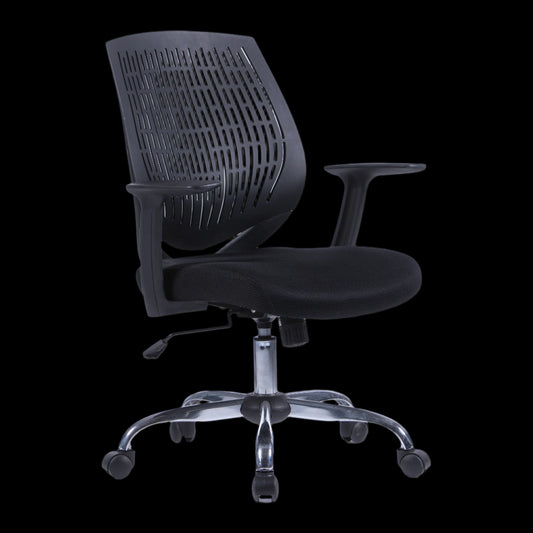 Black office chair with mesh backrest on a black background