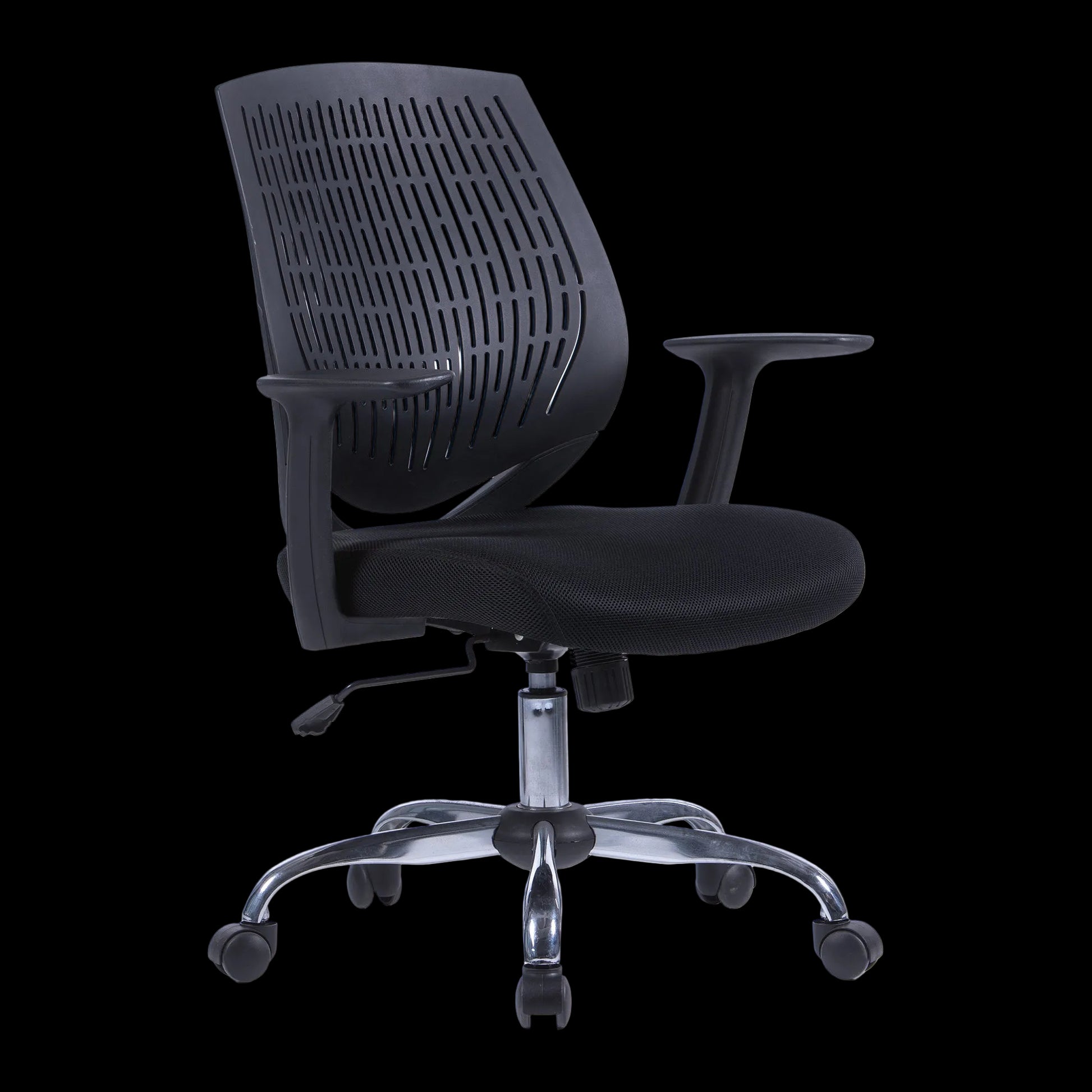Black office chair with mesh backrest on a black background