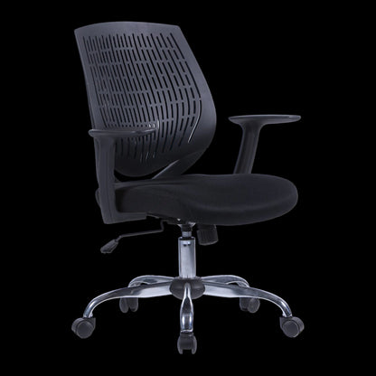 Black office chair with mesh backrest on a black background