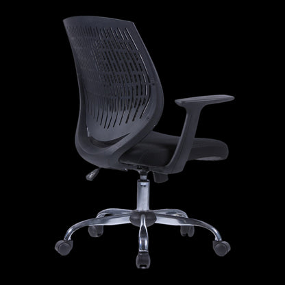 Black office chair with mesh back on a black background