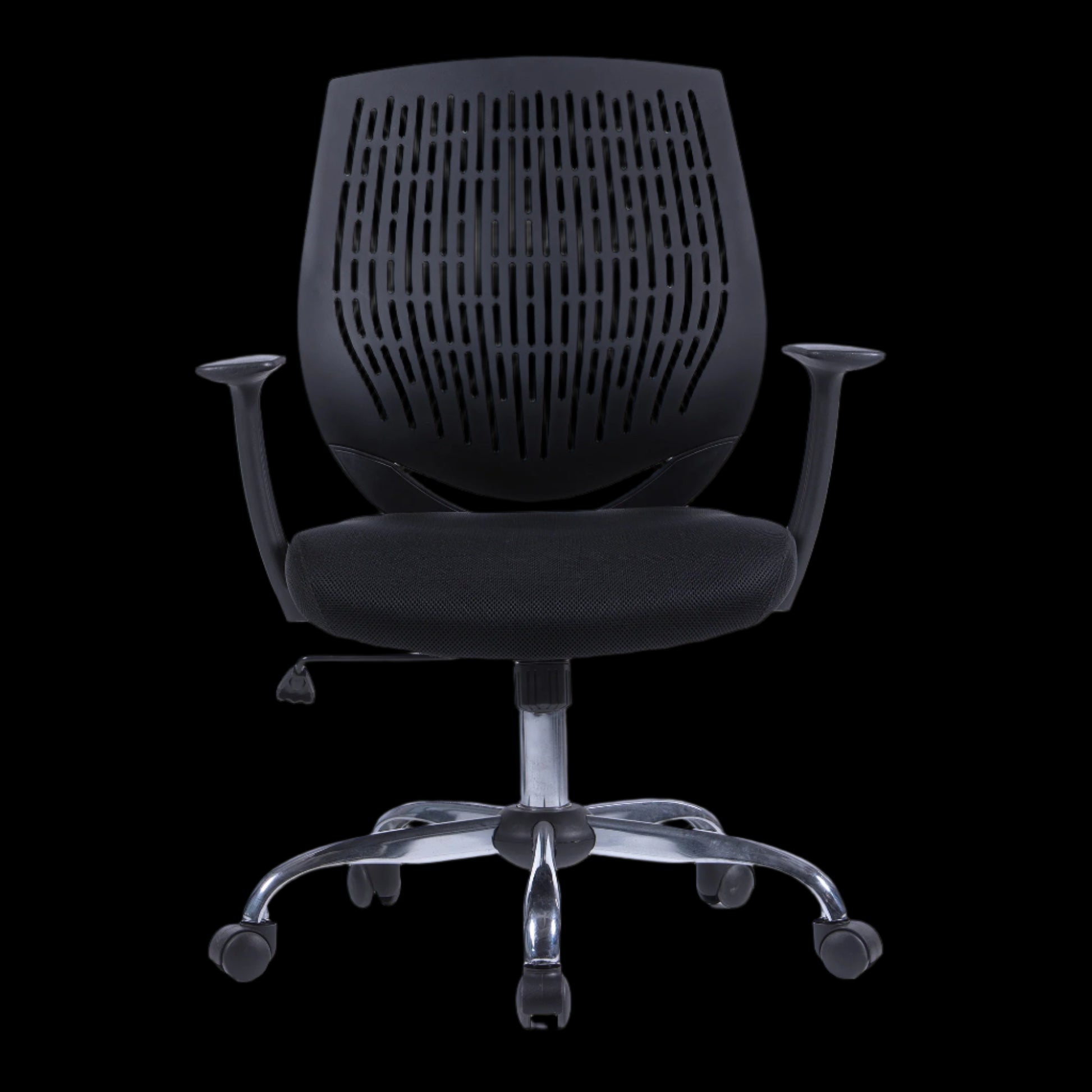 Black office chair with a mesh back on a black background