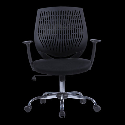 Black office chair with a mesh back on a black background
