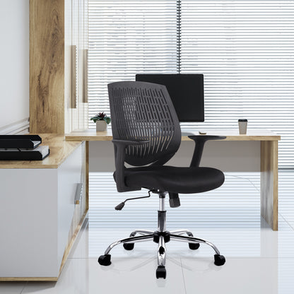 Black office chair in front of a wooden desk with a computer setup.