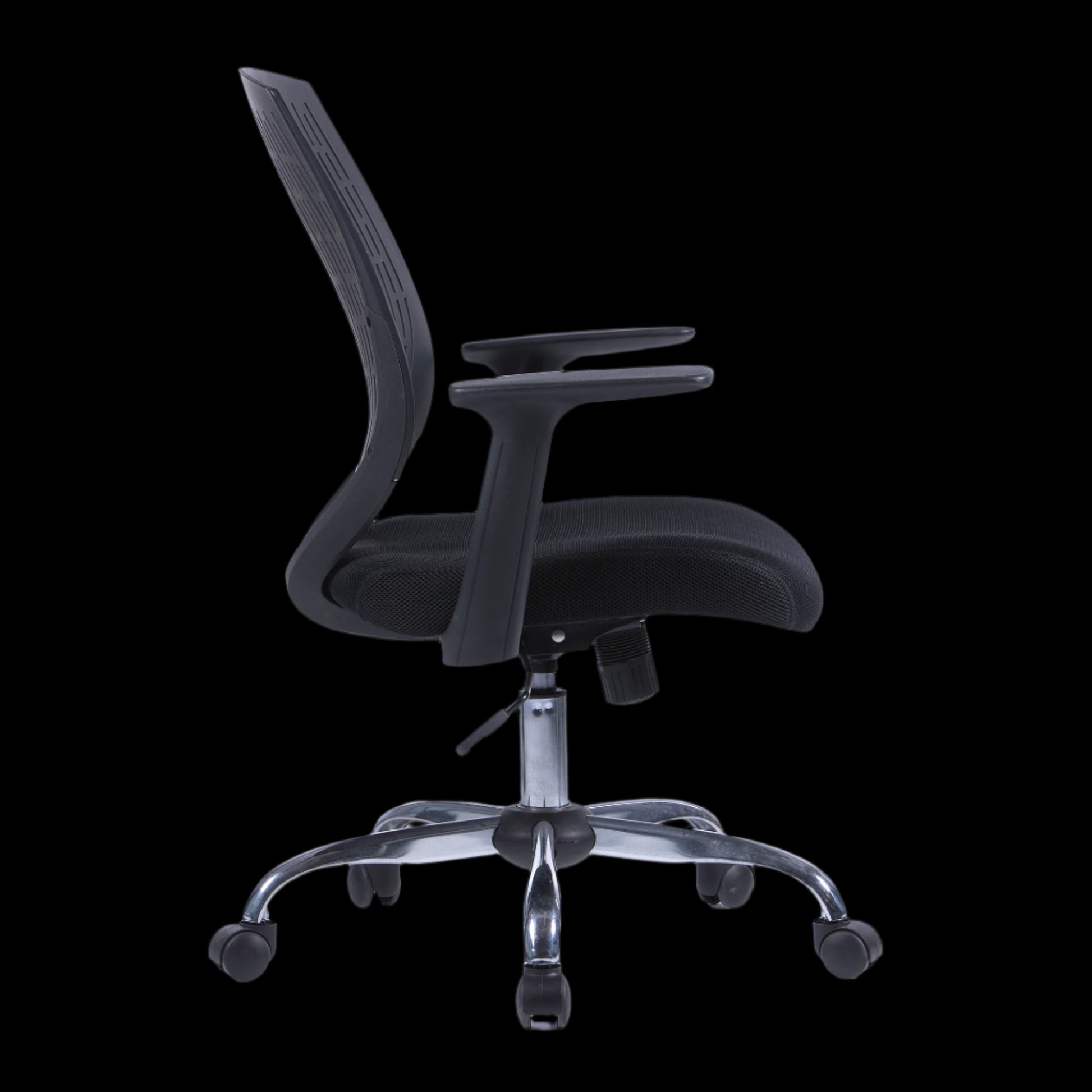 Black office chair with chrome base on a black background