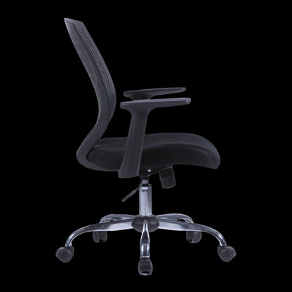 Black office chair with chrome base on a black background