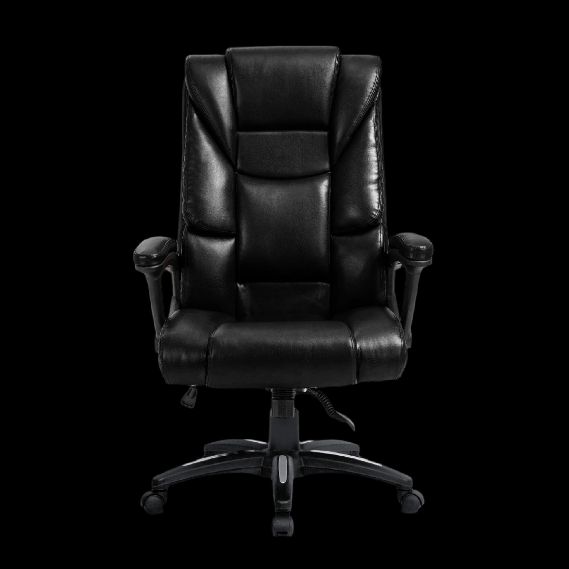 Black leather office chair on a black background