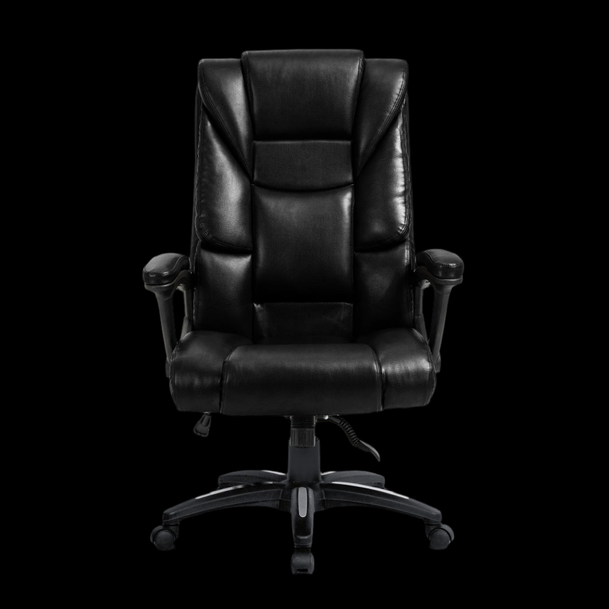 Black leather office chair on a black background