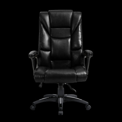 Black leather office chair on a black background