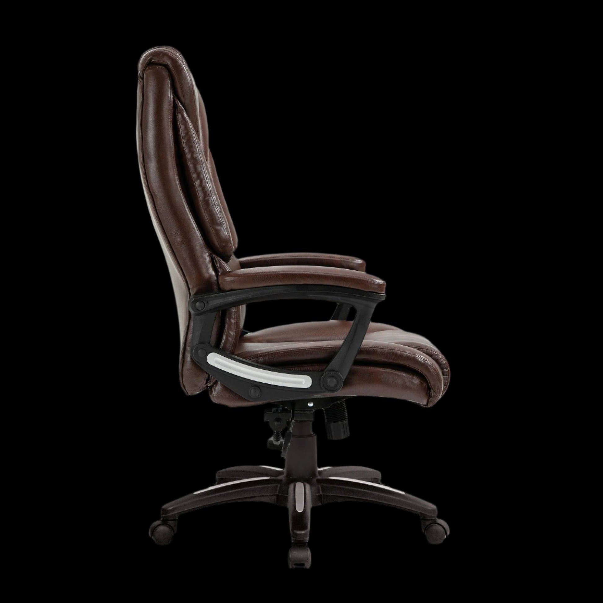 Brown office chair with black base on a black background