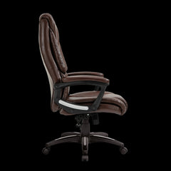 Brown office chair with black base on a black background