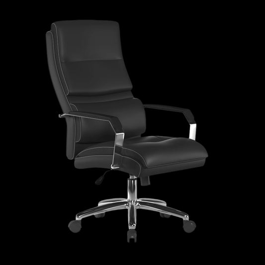 Black office chair with chrome base on a black background