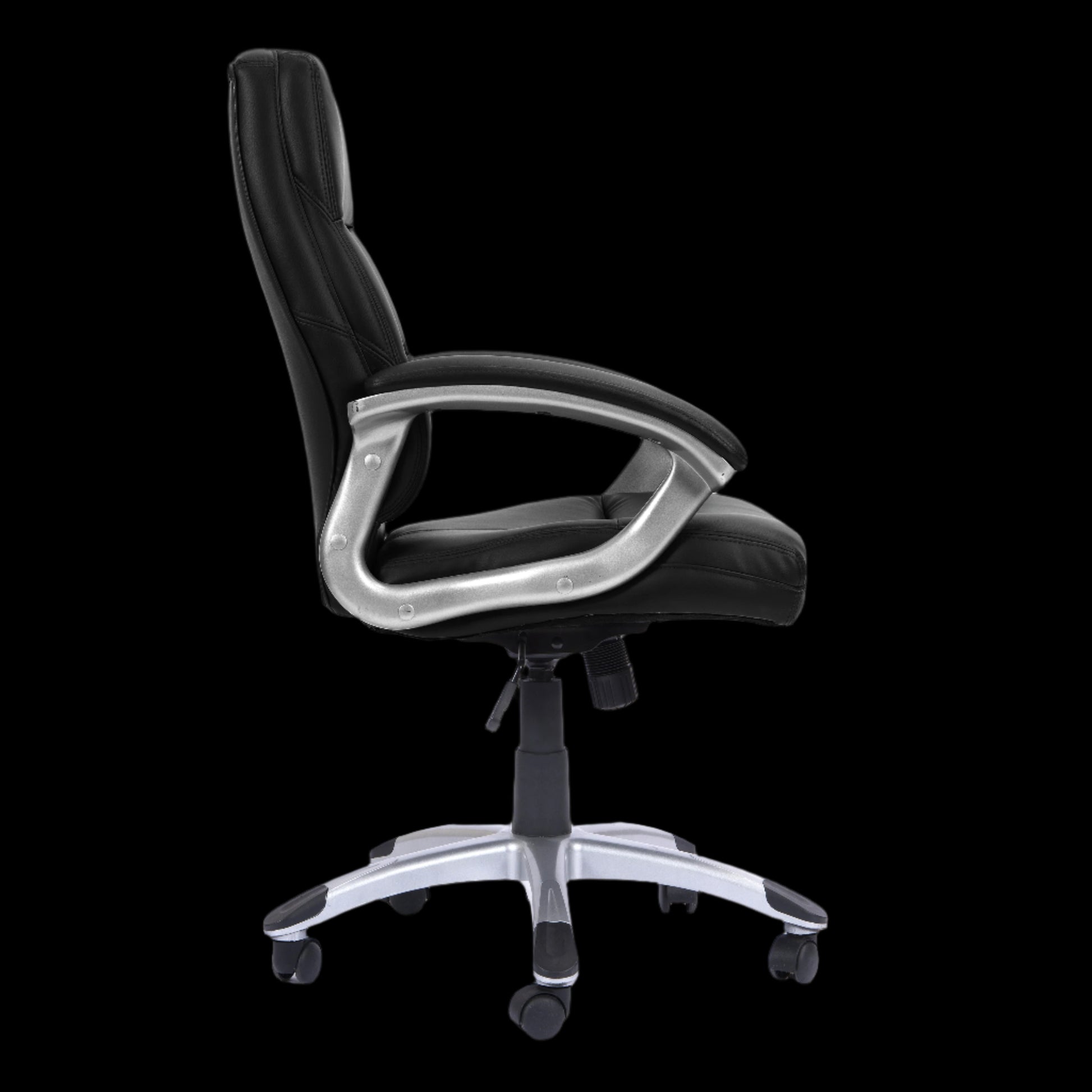 Black office chair with silver accents on a black background