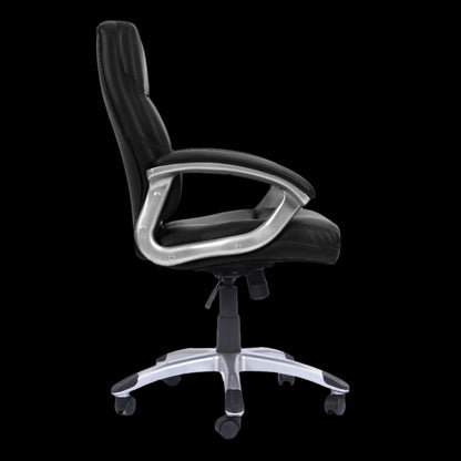 Black office chair with silver accents on a black background