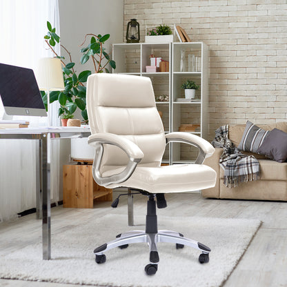 Beige office chair in a home office setting with a desk, computer, and decor.