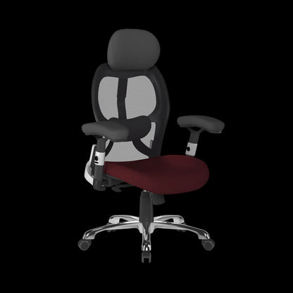 Black office chair with red seat on a black background