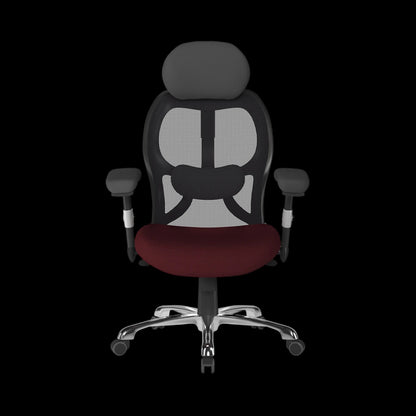 Black office chair with mesh back and red seat on a black background