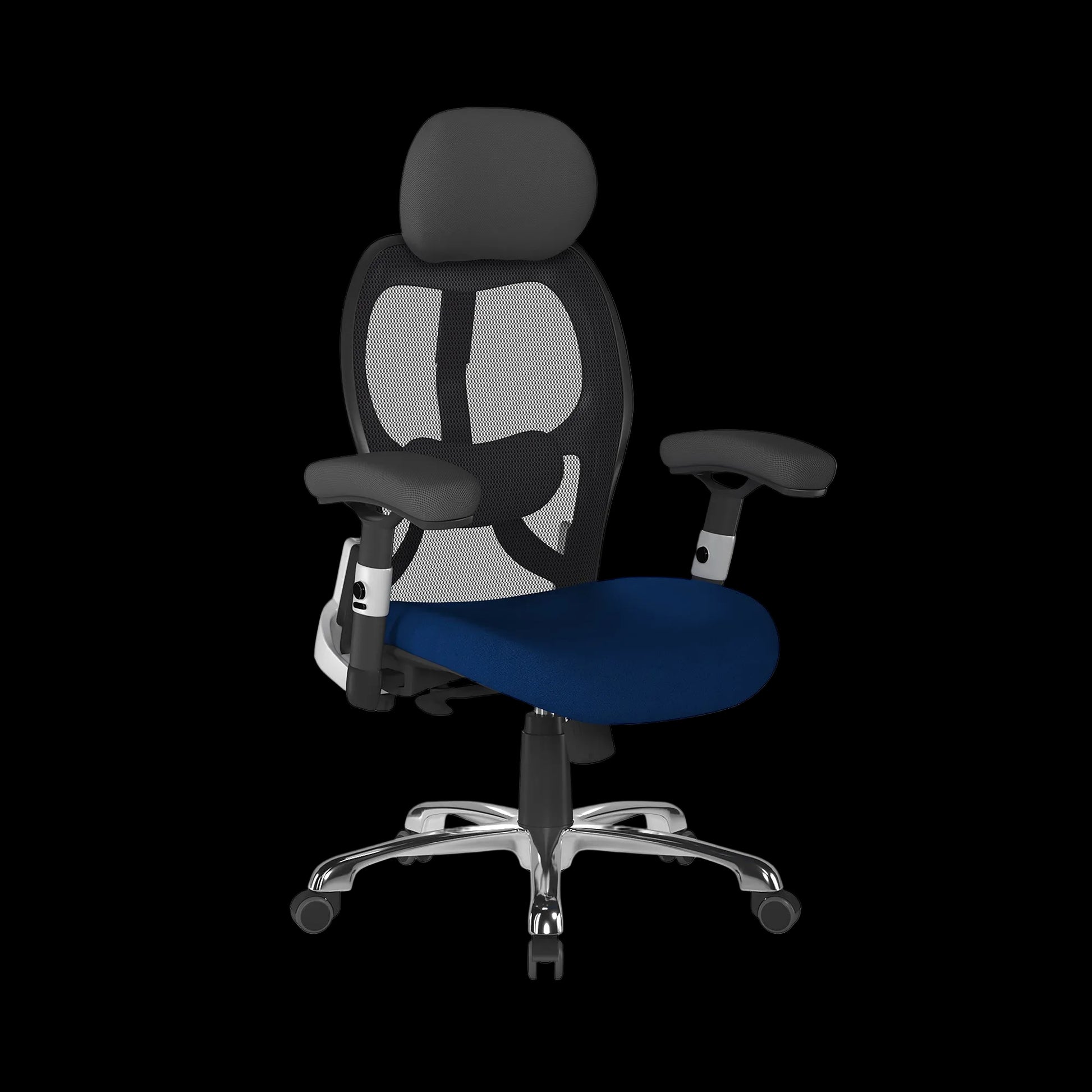 Black and blue office chair with mesh back on a black background