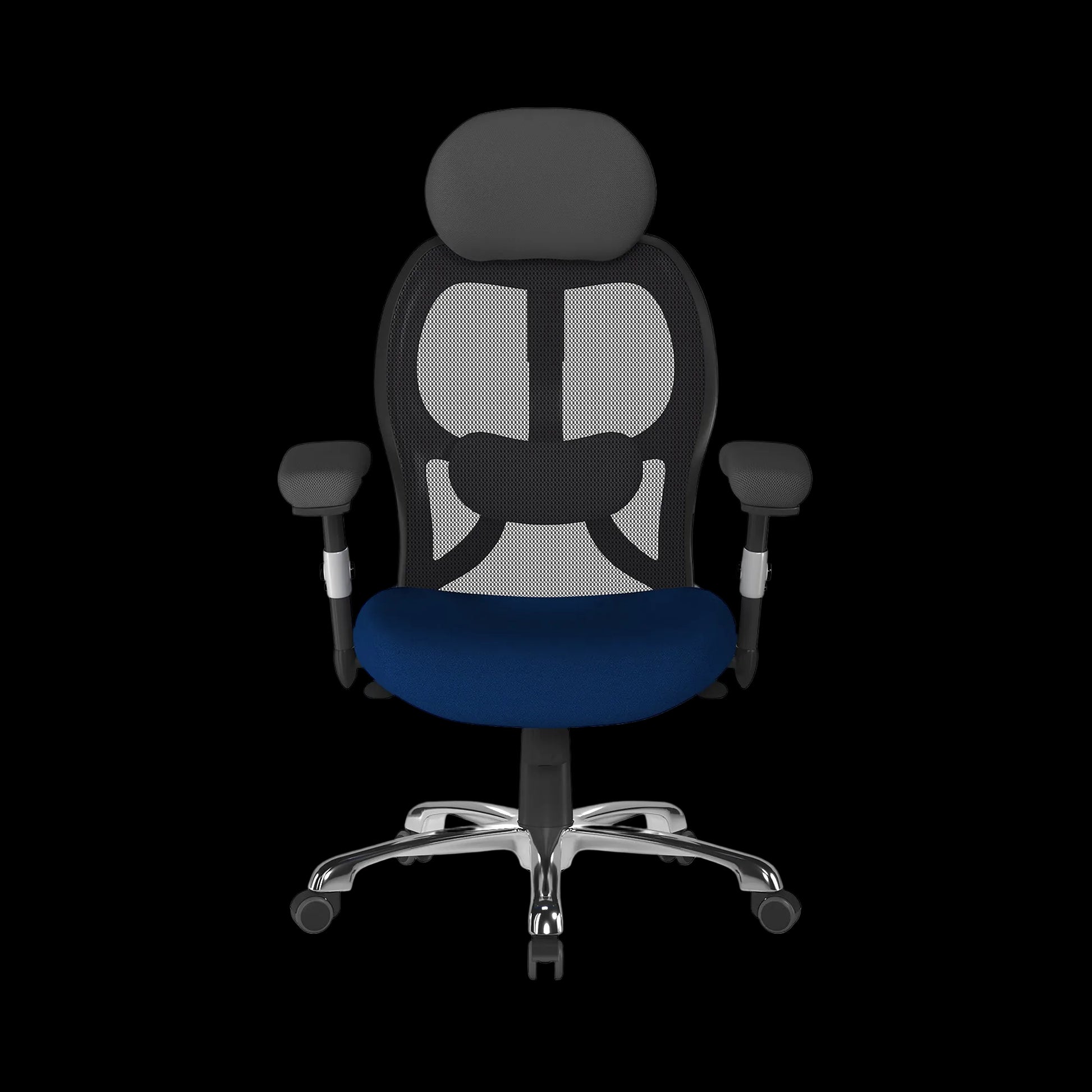 Ergonomic office chair with black mesh back and blue seat on a black background