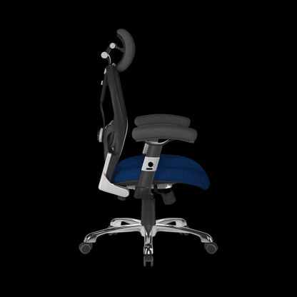 Ergonomic office chair with blue seat and black backrest on a black background