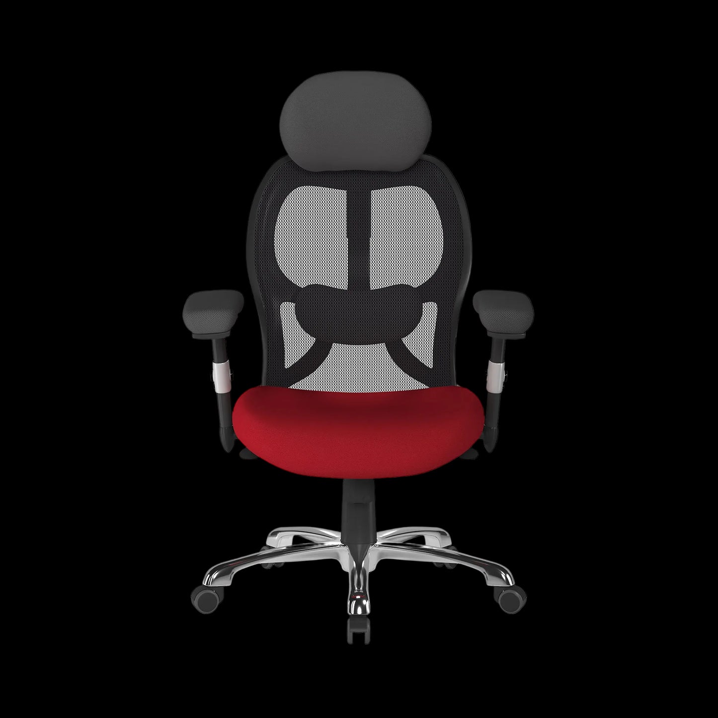 Black office chair with red seat on a black background