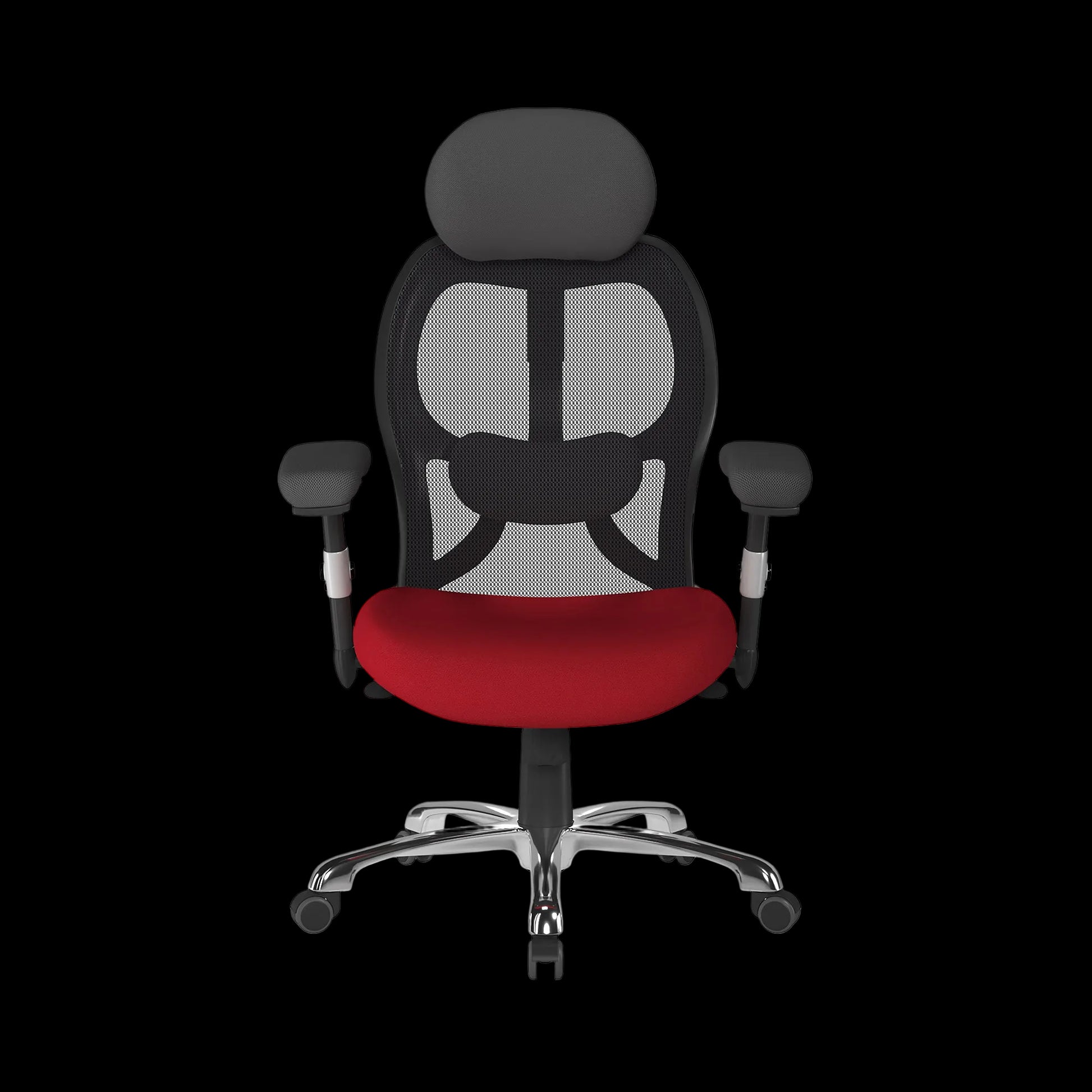 Black office chair with red seat on a black background