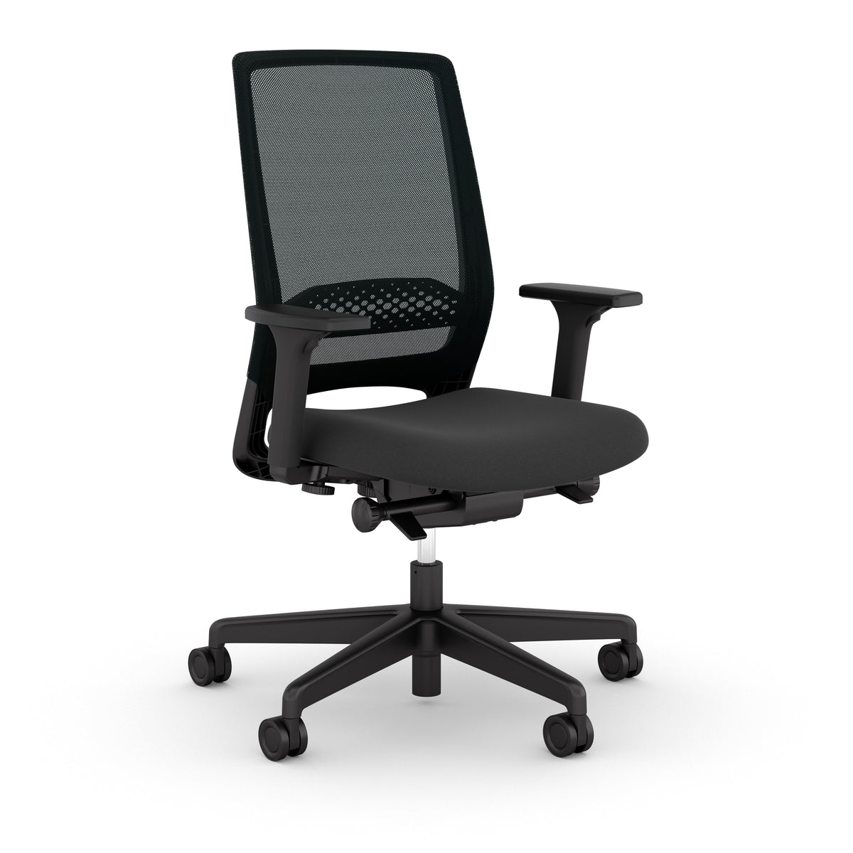 Kickster task chair in black mesh, front three-quarter view from the left