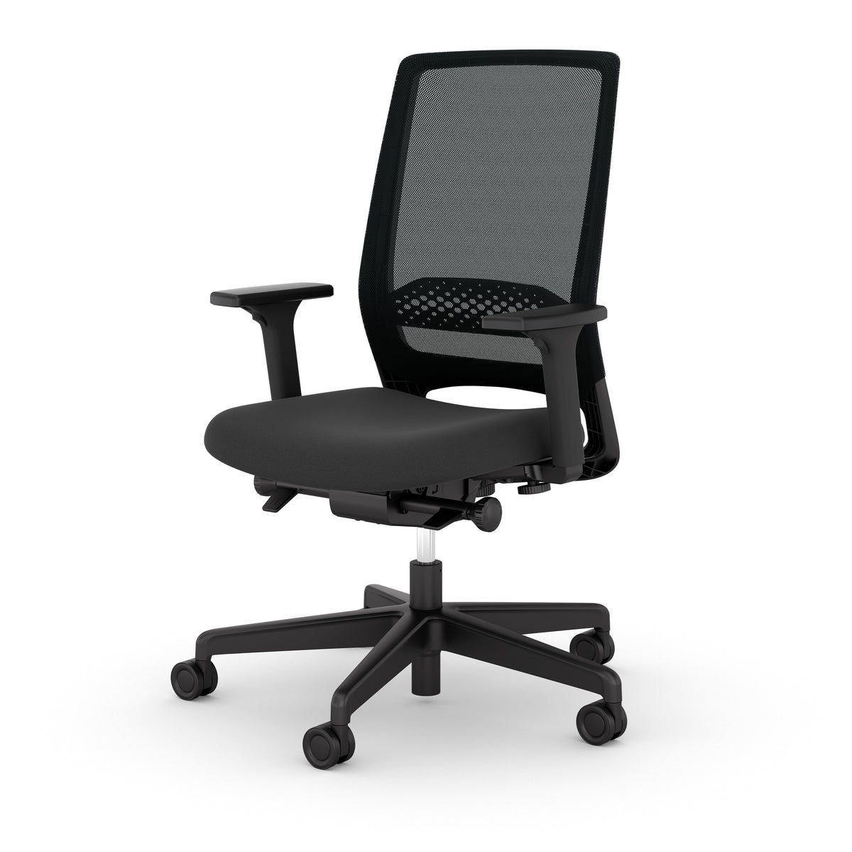 Kickster task chair in black mesh, front three-quarter view