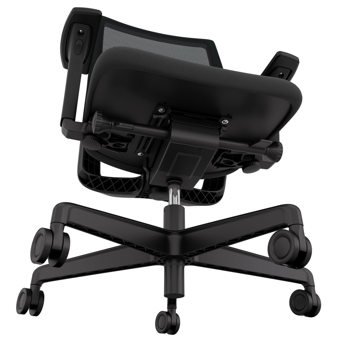 Kickster task chair viewed from below, showing the seat mechanism and five-star base
