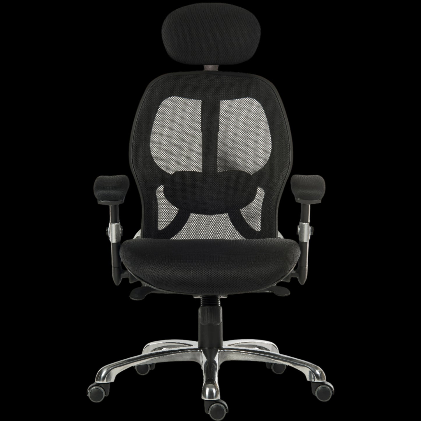 Black office chair with mesh back on a black background