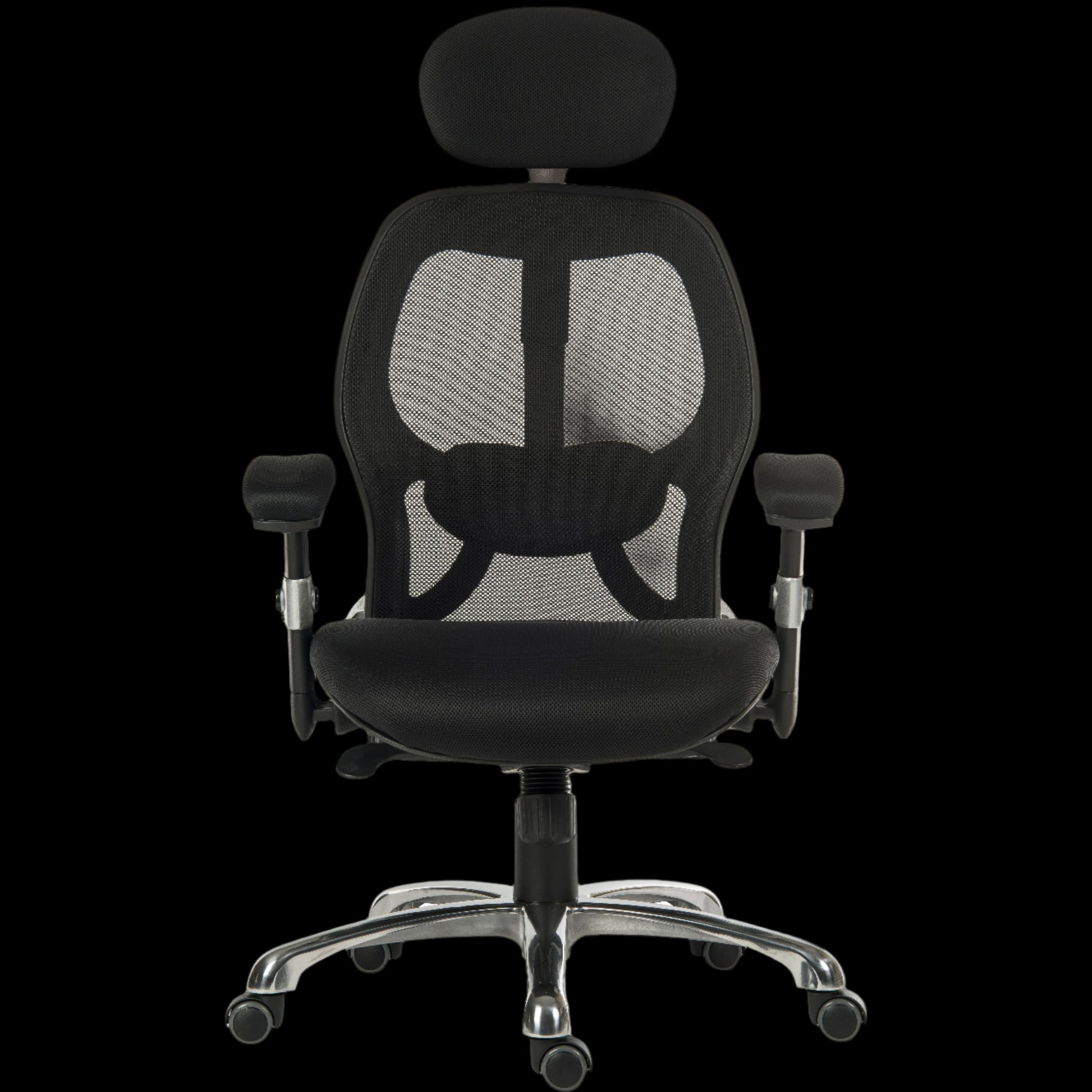 Black office chair with mesh back on a black background