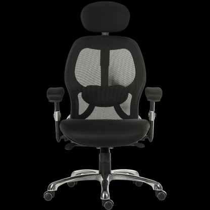 Black office chair with mesh back on a black background