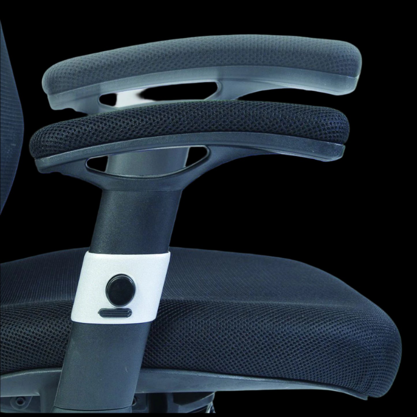 Close-up of an office chair's adjustable headrest and armrests on a black background