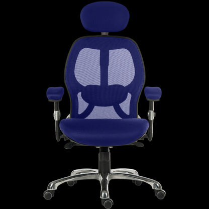 Blue office chair with mesh back on a black background