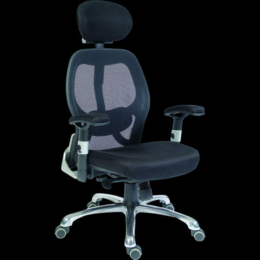 Black office chair with mesh backrest on a black background