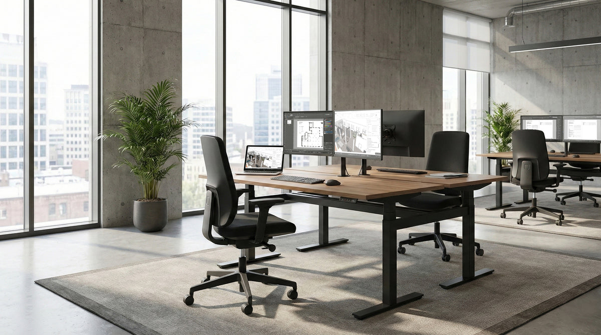 Prompt Too Task Chair at height-adjustable desks in a concrete and glass city office