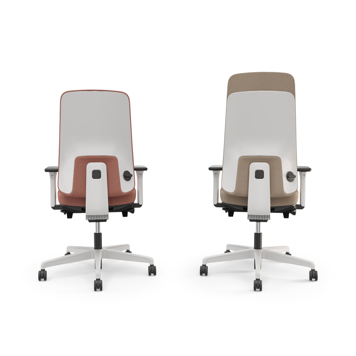 Prompt Too Task Chair - rear view of two upholstered chairs showing the outer back, lumbar dial and white five-star base