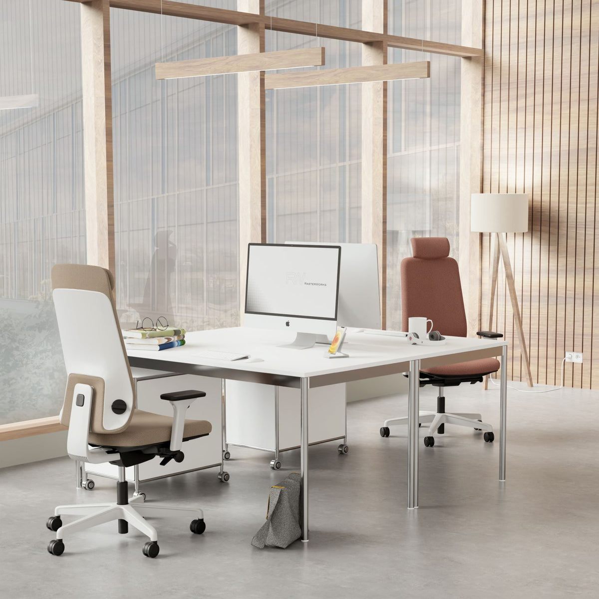 Prompt Too Task Chair in a daylit open-plan office, shown both with and without the optional headrest