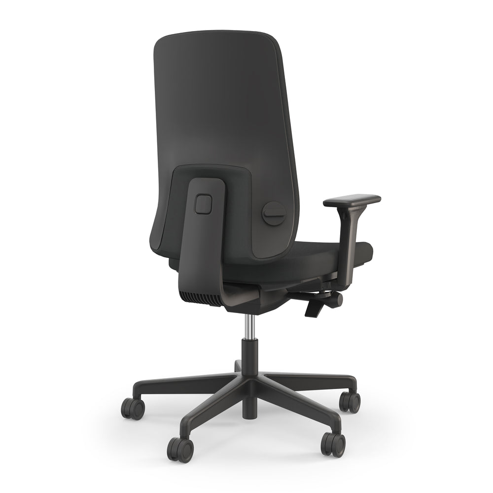 Prompt Too Quick Ship Task Chair, black frame — rear three-quarter view showing the shaped outer back and five-star base