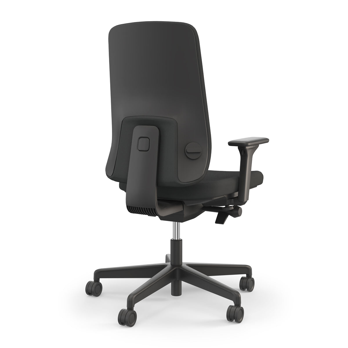 Prompt Too Quick Ship Task Chair, black frame — rear three-quarter view showing the shaped outer back and five-star base