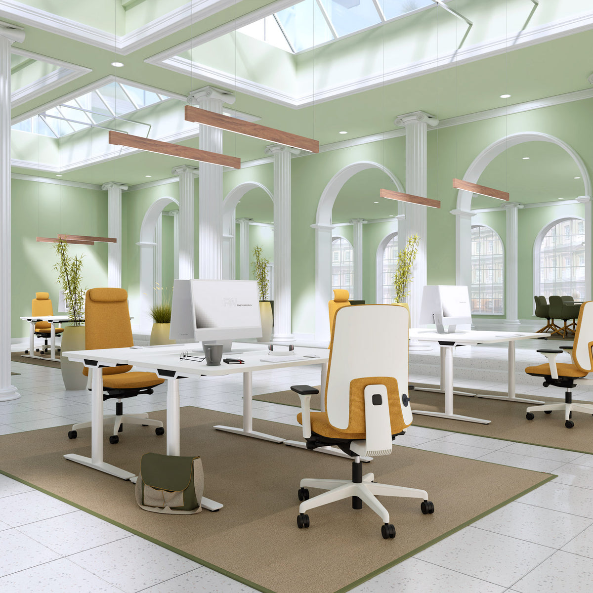 Prompt Too Task Chair at height-adjustable desks in a high-ceilinged period office