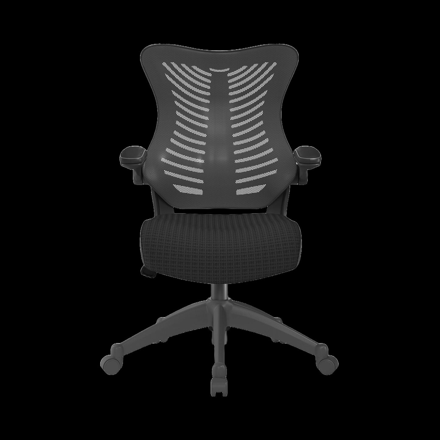 Black office chair with mesh back on a black background