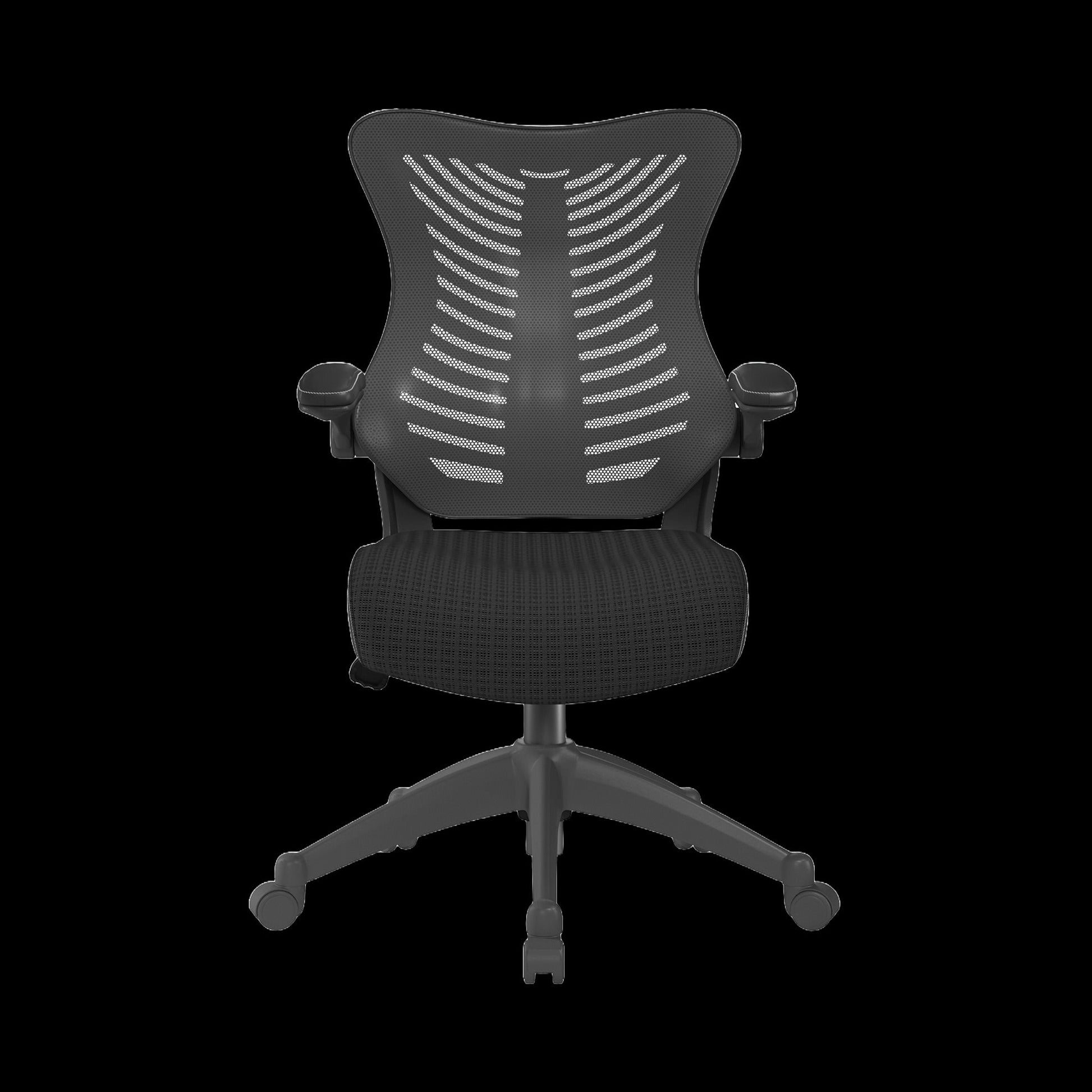 Black office chair with mesh back on a black background