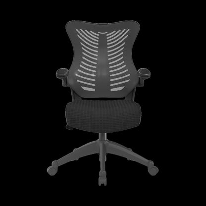 Black office chair with mesh back on a black background