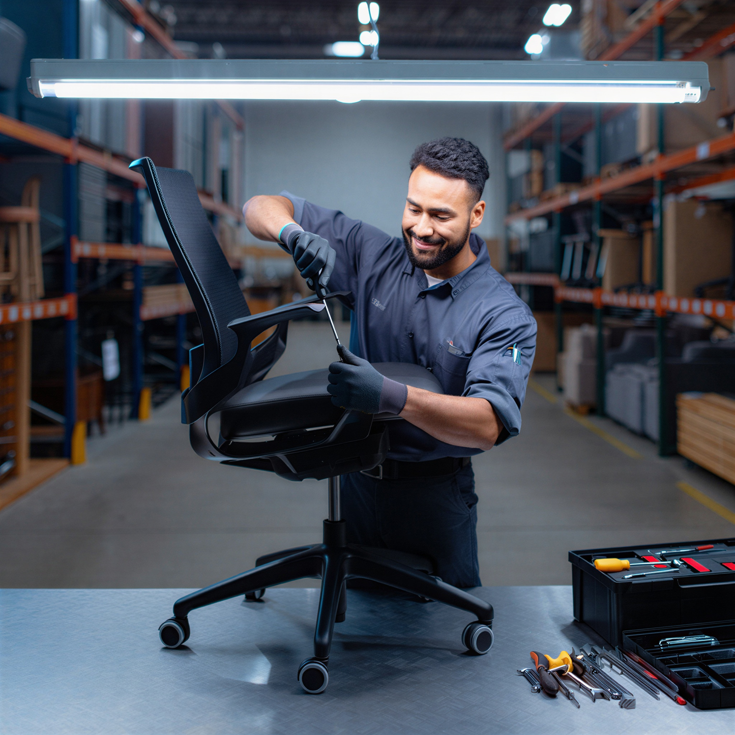 Man assembling a black office chair in a warehouse setting