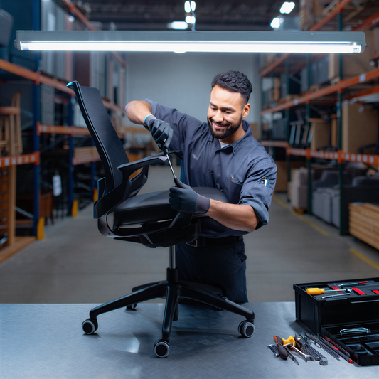 Man assembling a black office chair in a warehouse setting