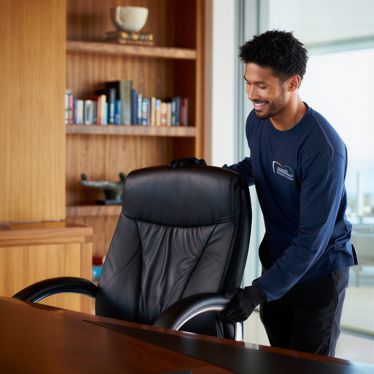 Man in a blue shirt adjusting a chair in an office setting