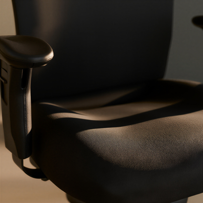 Close-up of a black office chair with a dark background