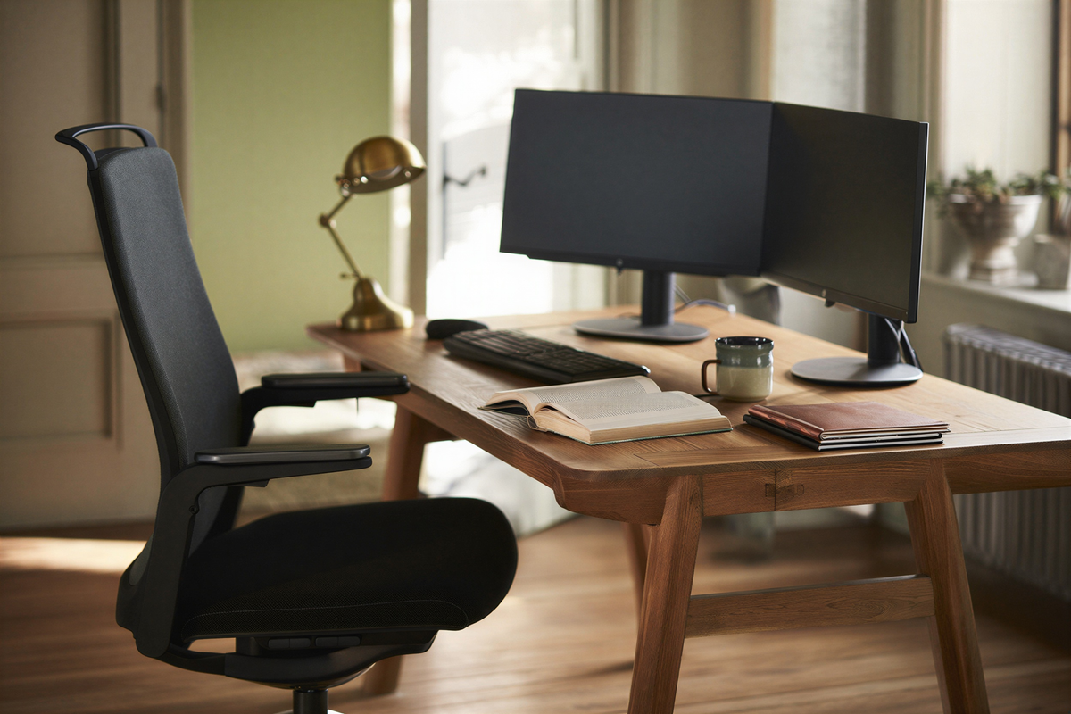 Libra Fabric Chair in a home-office setting, view 2