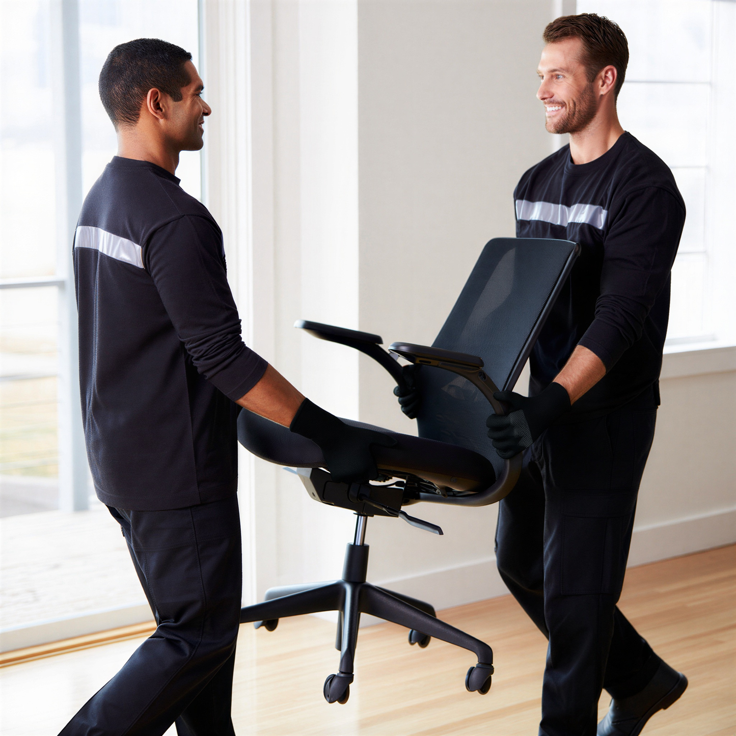 Two men in black uniforms with reflective stripes carrying a black office chair indoors.