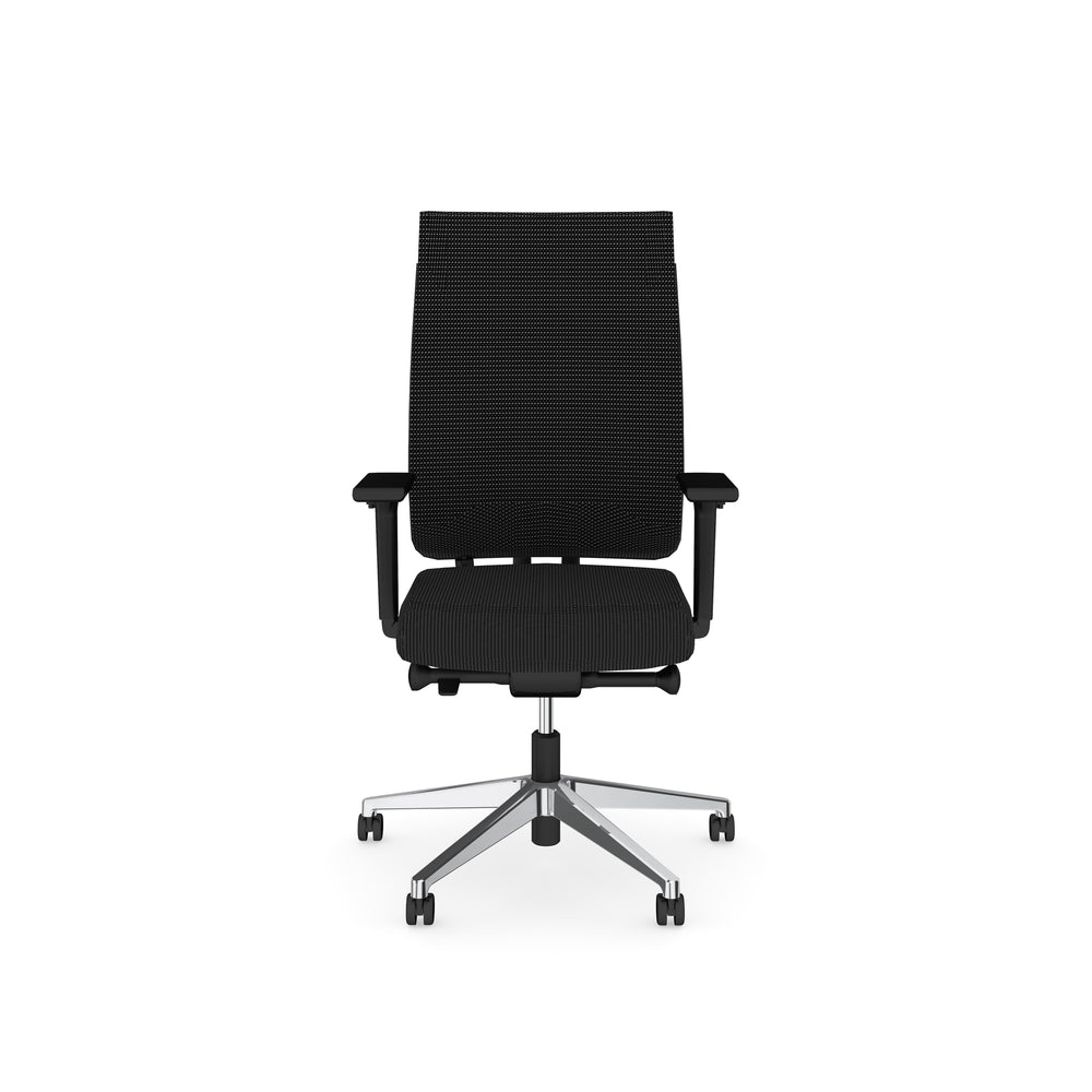 F1 ESD Task Chair - front view with black mesh backrest and polished aluminium five-star base